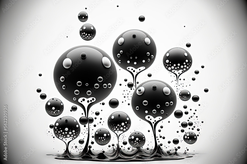 gathering of black oxygen and air bubbles in a clear undersea liquid with bubbles rising to the surf