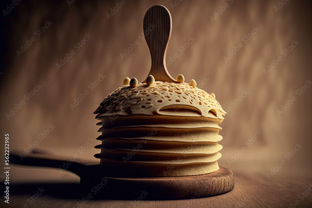 a warm, recently made pancake. Wooden pancake spatula made of ash. Pancake macro photography. Big pa