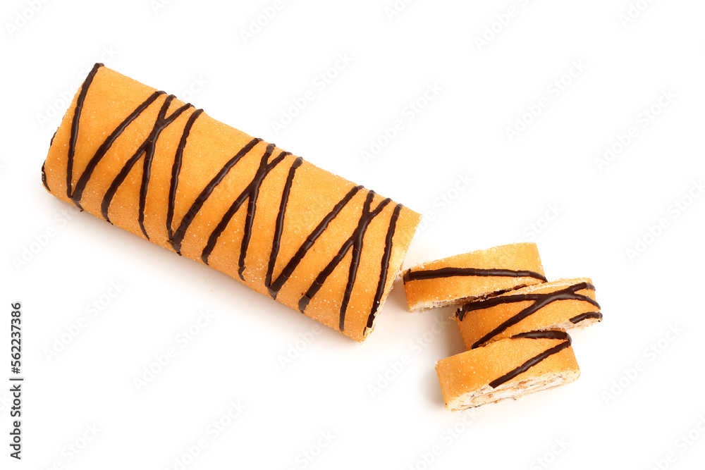 Delicious sponge cake roll on white background