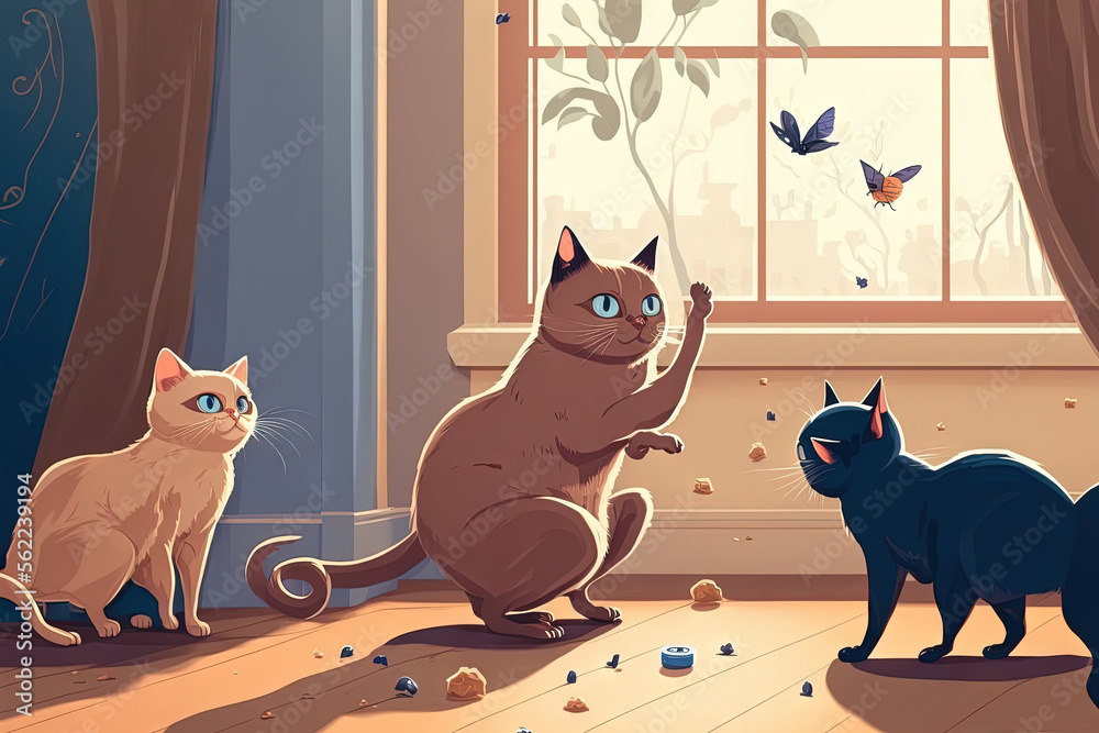 At home, a cat hunts a toy mouse, a Burmese cat looks about before pouncing, and a cute domestic kit