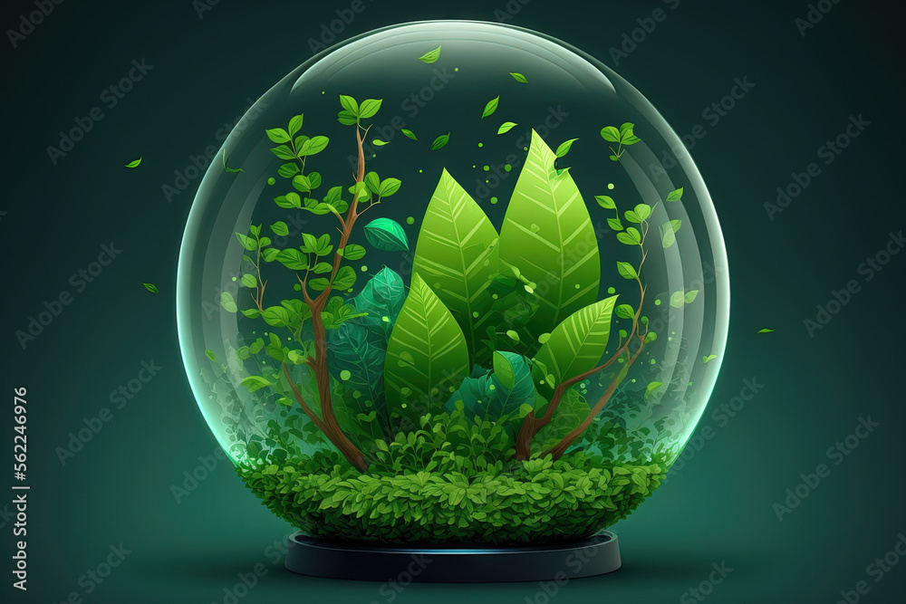 Environment Day and Earth Day. Concept of a green world. Green leaves surround the crystal glass glo