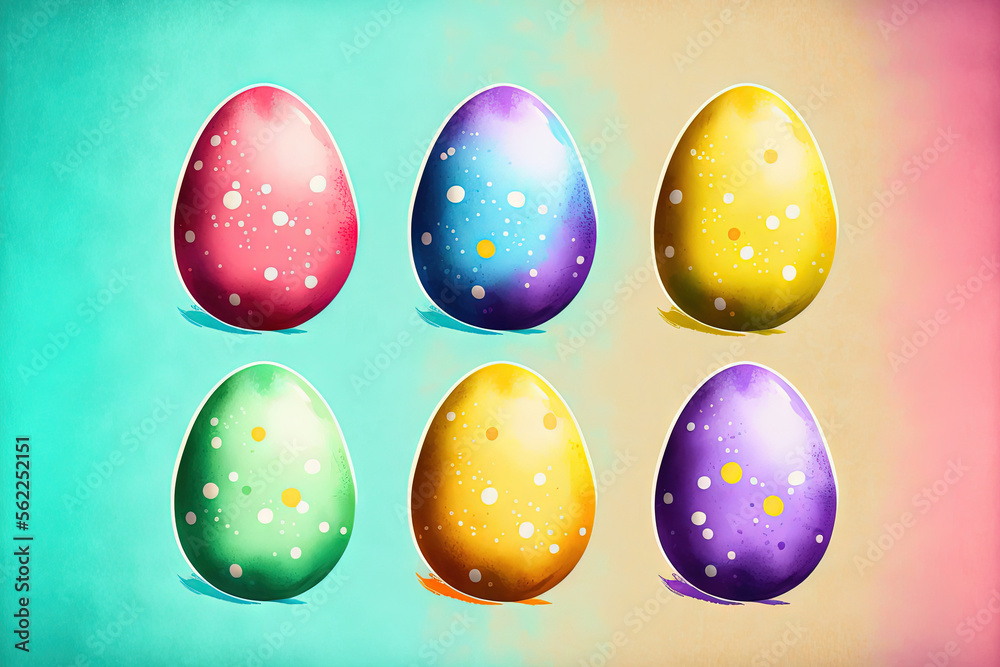 Colored easter eggs repeated on a smooth watercolor background. Generative AI