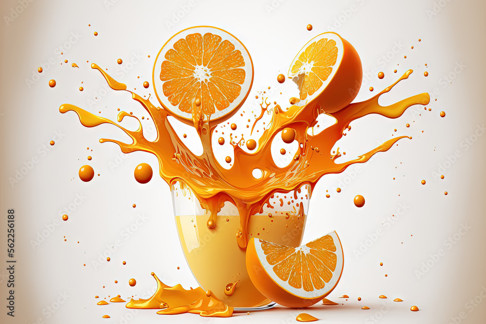 orange juice and oranges splashed on a white background. Generative AI