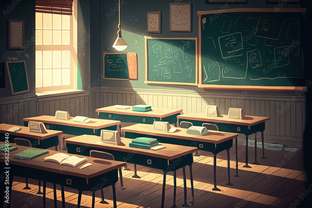 School classroom with school desks and blackboard. Generative AI