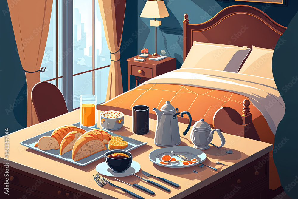 Luxury hotel and five star room service, various food platters, bread and coffee as in room breakfas