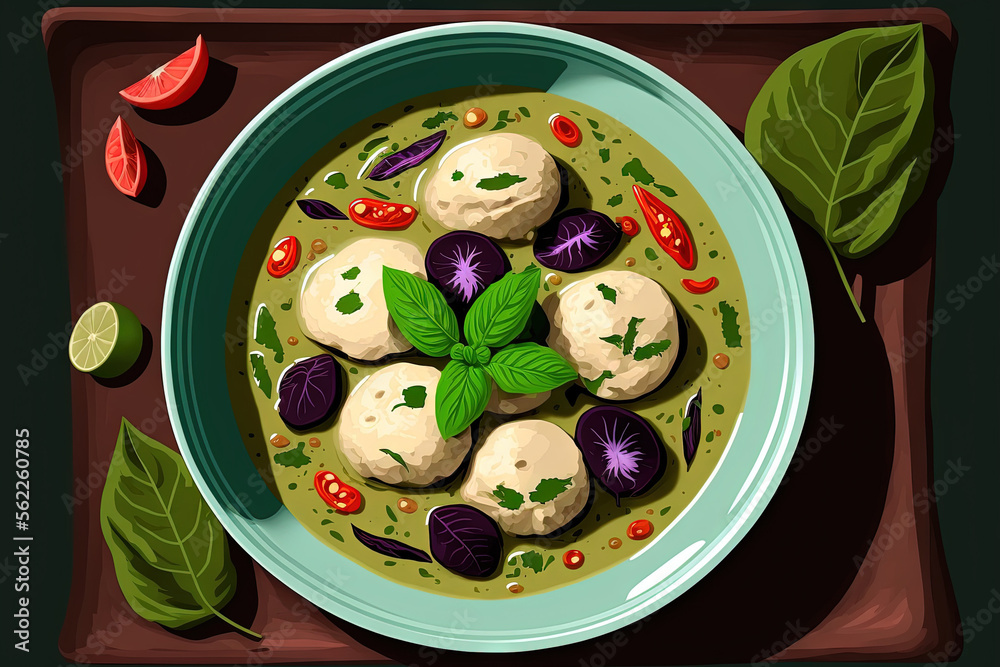 Fish balls and Thai eggplant in a green curry. Thai food is delectable top view. Generative AI