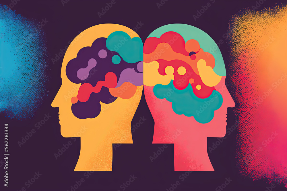 the idea of two peoples rational and irrational thinking. Two peoples heads with colorful depictio