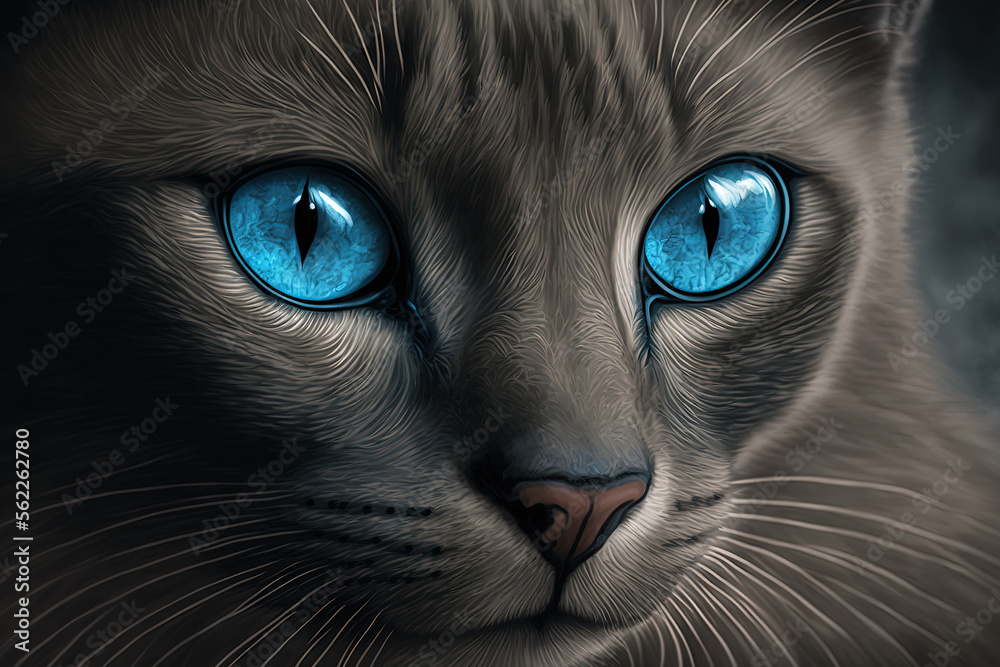 Blue eyes and a gray cat. up close portrait. Generative AI