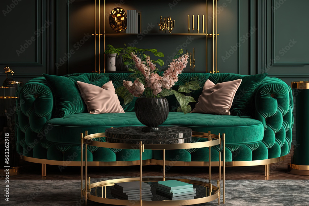 Metal, round coffee tables and a beige sofa in a green, luxurious living room interior with marble s