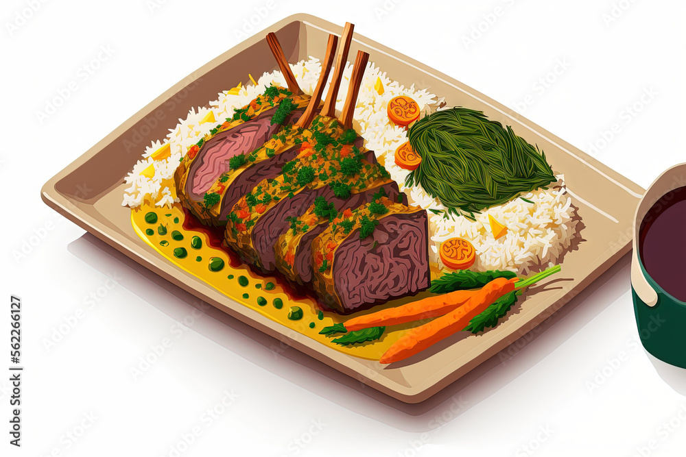 Oriental rack of lamb presented on a dish with saffron rice and roasted veggies that have been marin