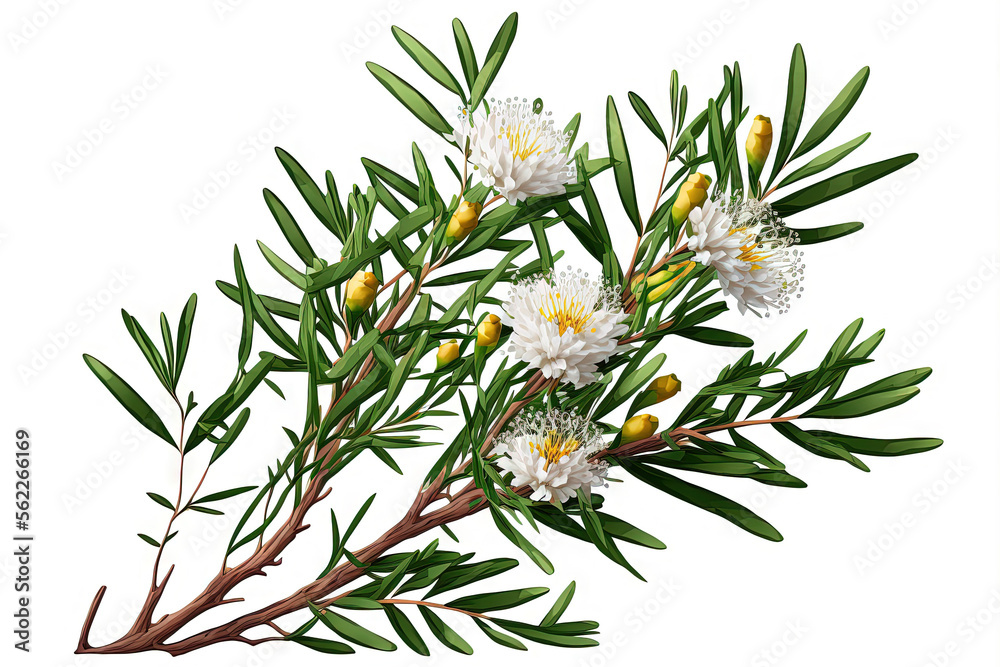 Tea tree (Melaleuca) twig with blossoms. On a white background, alone. Generative AI