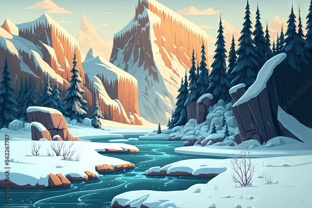 Nature landscape of a frozen river in winter. frozen mountain waterfall. Generative AI