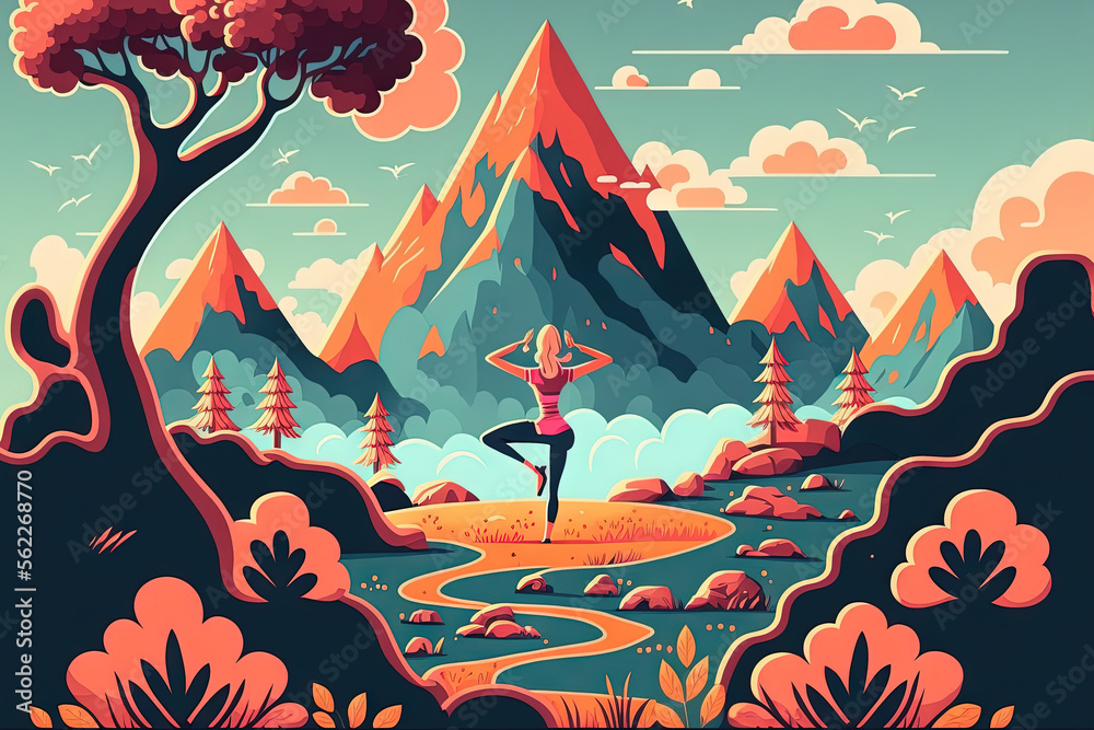 Yoga is being practiced outside by a young woman. female contentment Background landscape. Generativ