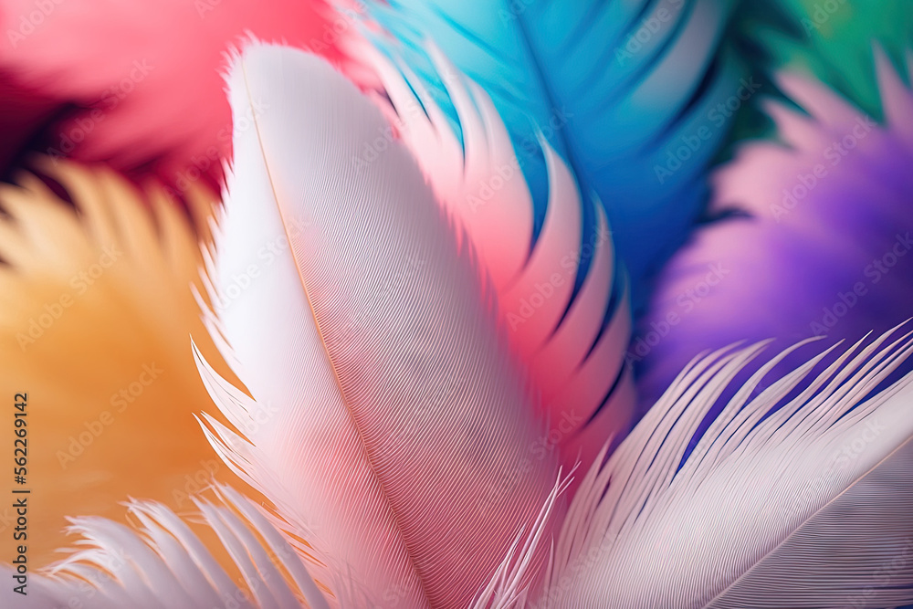 Background of an abstract feather rainbow patchwork. White fluffy feather up close in a vivid, neon,