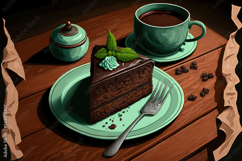 On a brown table, there is a homemade chocolate cake with mint and a mug of black coffee. Generative