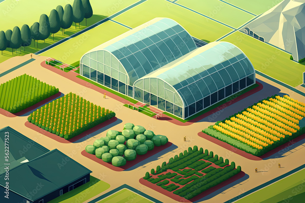 Aerial view of huge greenhouse fields, agriculture, growing vegetables in greenhouses. Generative AI