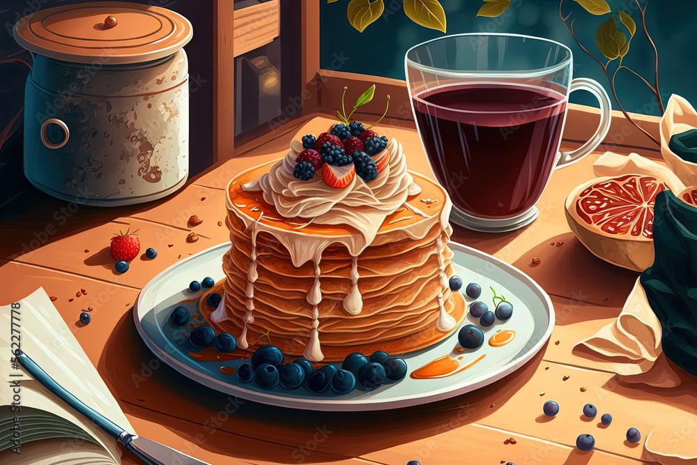 On the table in a cafe are pancakes and coffee. Pleasant pastries for breakfast. Generative AI