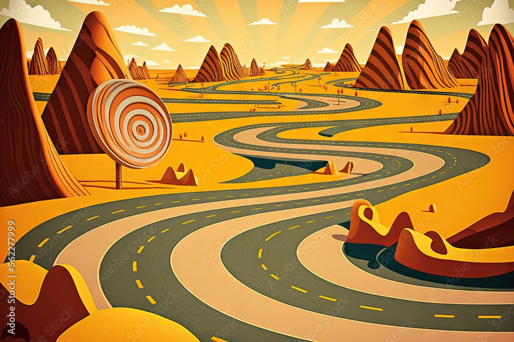 Illustration of a swirling roadway with roadside highway advertisement for travel and vacation. Gene