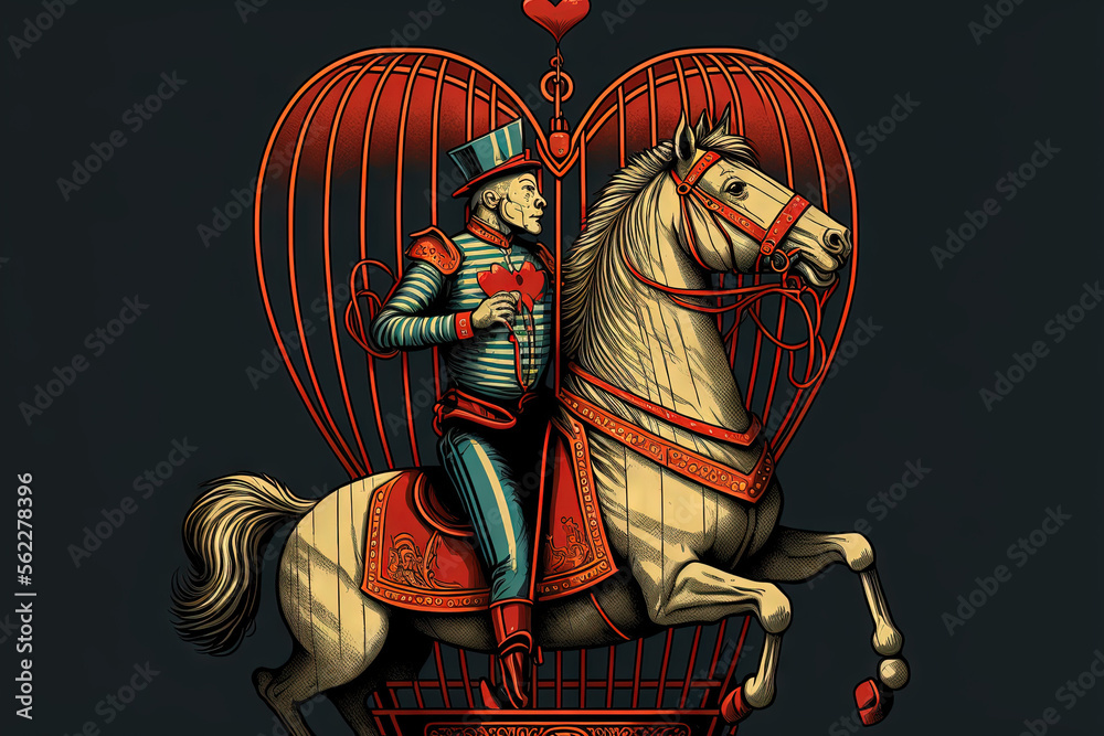 Circus performer on horse wearing a cage and a heart. Generative AI