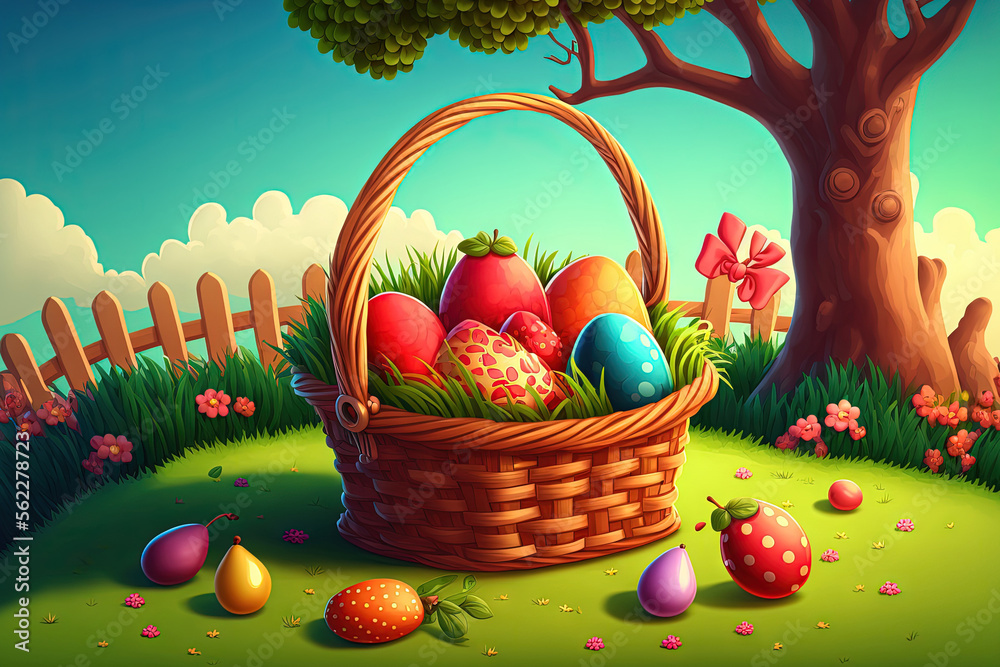 Easter A sunny orchard with painted eggs in a basket on the grass. Generative AI