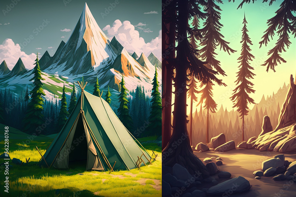 a painting of a natural scene, a fantasy painting of mountains and trees, and a concept drawing of a