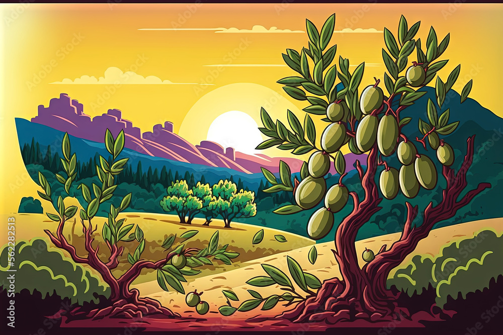 Ripe olives and an olive branch with countryside in the background. Generative AI