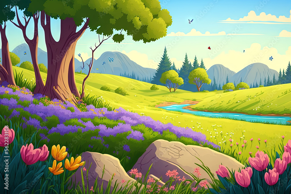 a backdrop of natural splendor featuring a field of spring flowers. Generative AI