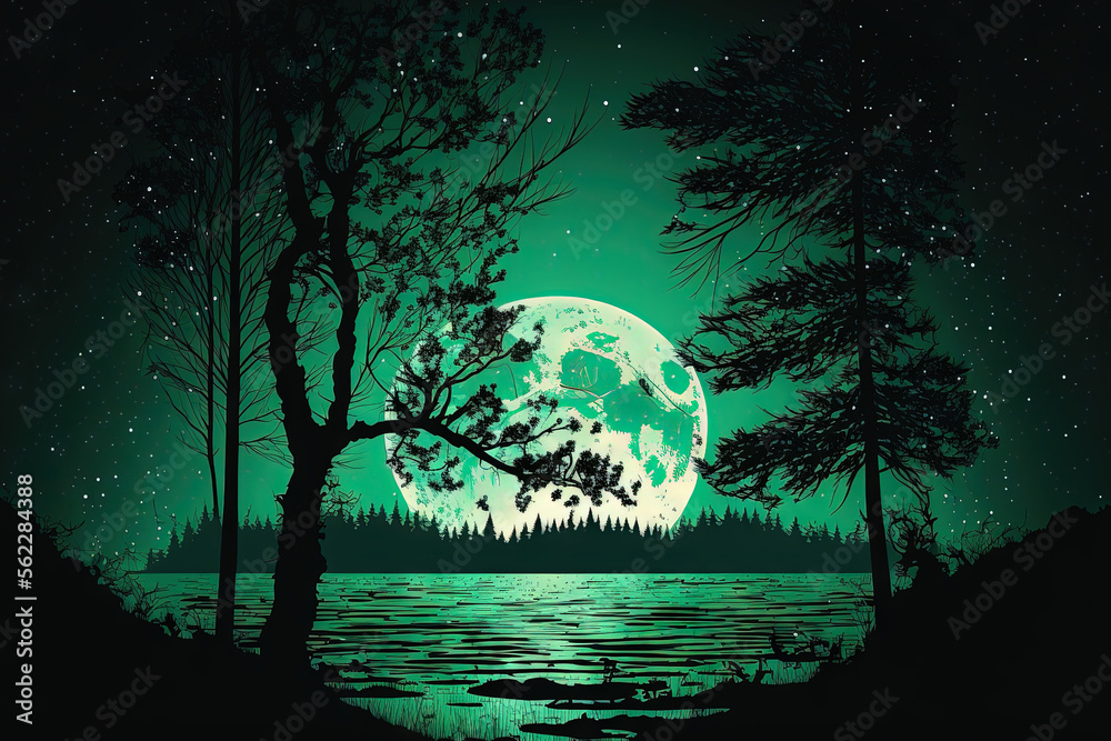 Beautiful scene of an emerald sky filled with stars and a full moon above riverfront trees in silhou