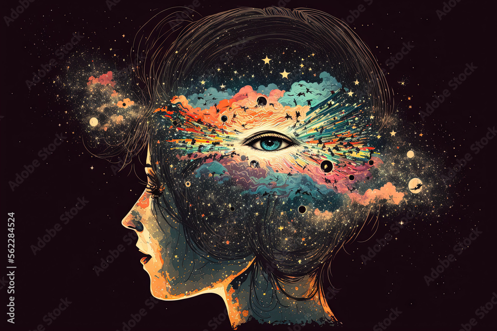 universe inside the person’s head, stars in the mind. Generative AI