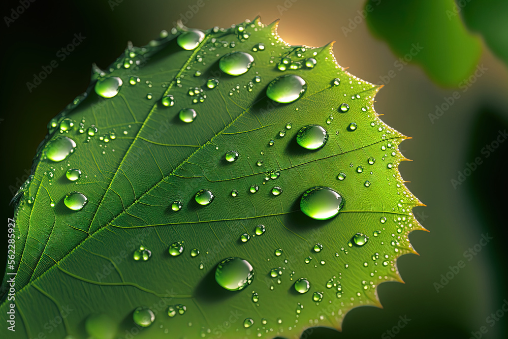 Close up macro of water drops on a green leaf in the suns rays. Raindrops in nature on a rough leaf