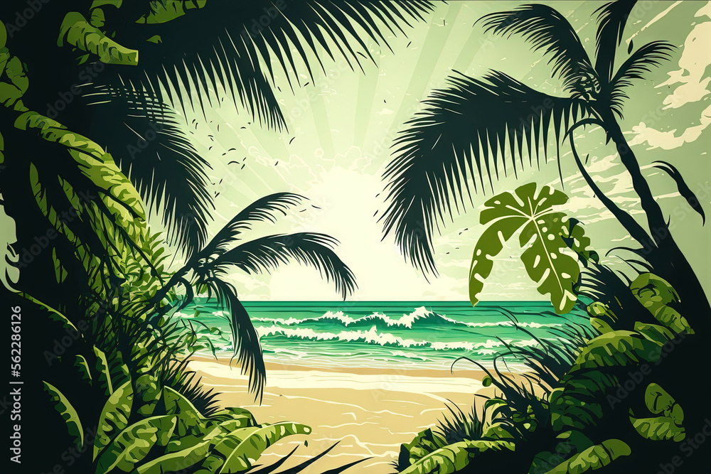 Palm tree leaves in green and a tropical beach. Generative AI