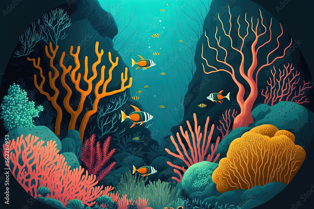 coral reef underwater scene, world ocean wildlife landscape. Generative AI