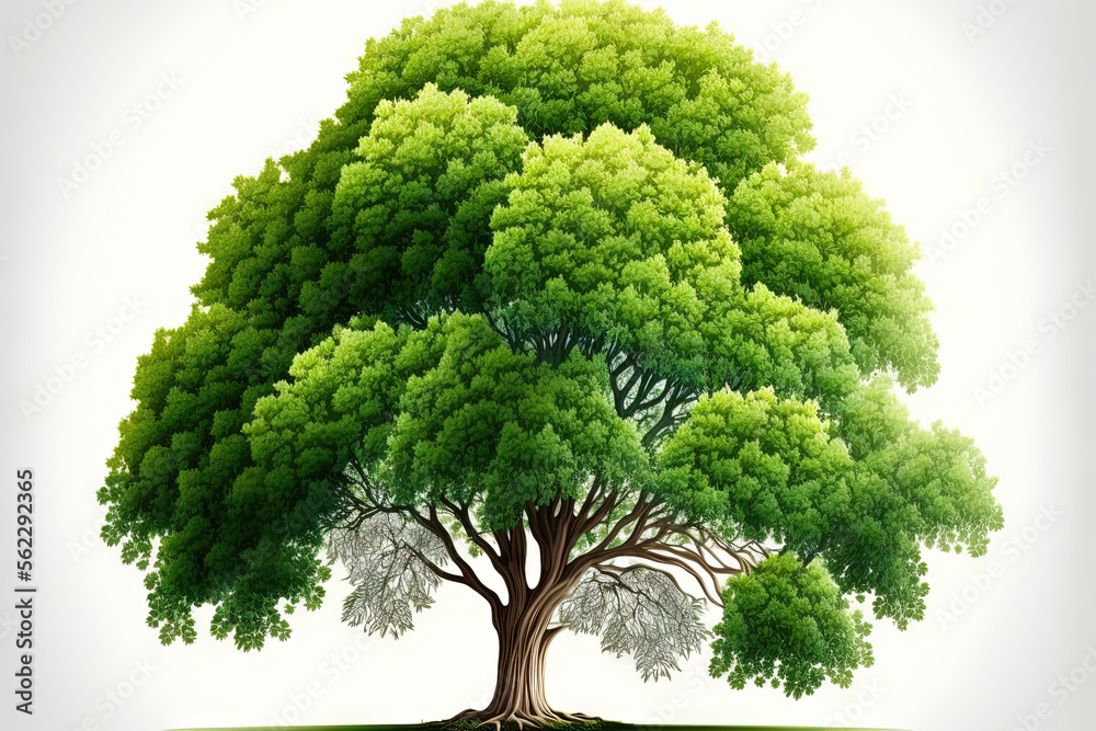 Beautiful deciduous tree in vibrant green isolated on a background of clean white. Generative AI