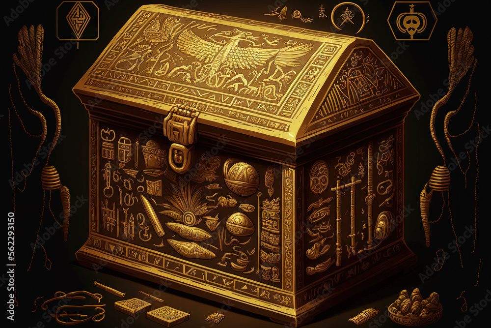 A gilded wooden box containing the Tutankhamun sarcophagus has drawings and hieroglyphs on it. Egypt