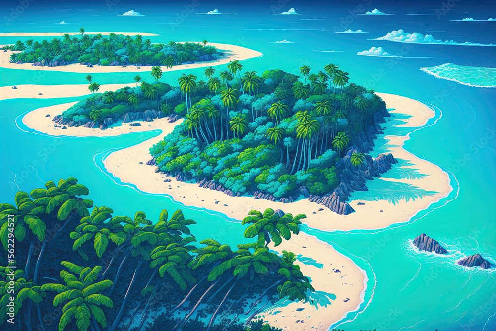 aerial view of a tropical beach and an ocean of blue. Generative AI