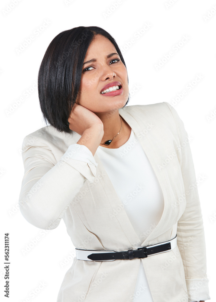 Woman, corporate portrait or neck pain in studio from stress, burnout or tired by white background. 