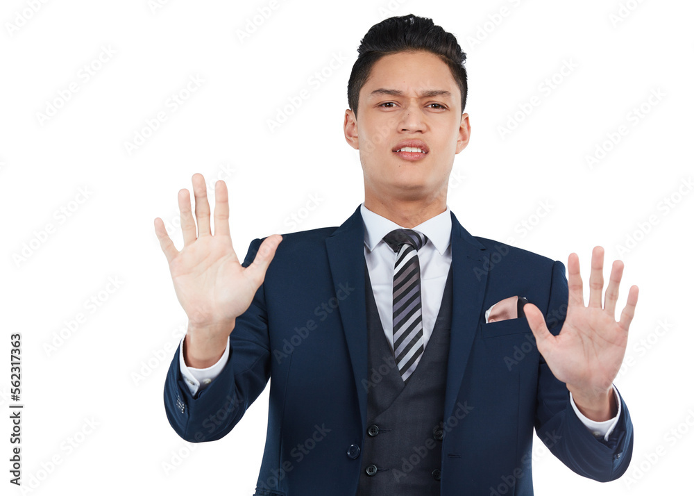 Businessman, stop hands and safety portrait for warning, wait and forbidden hand gesture isolated in