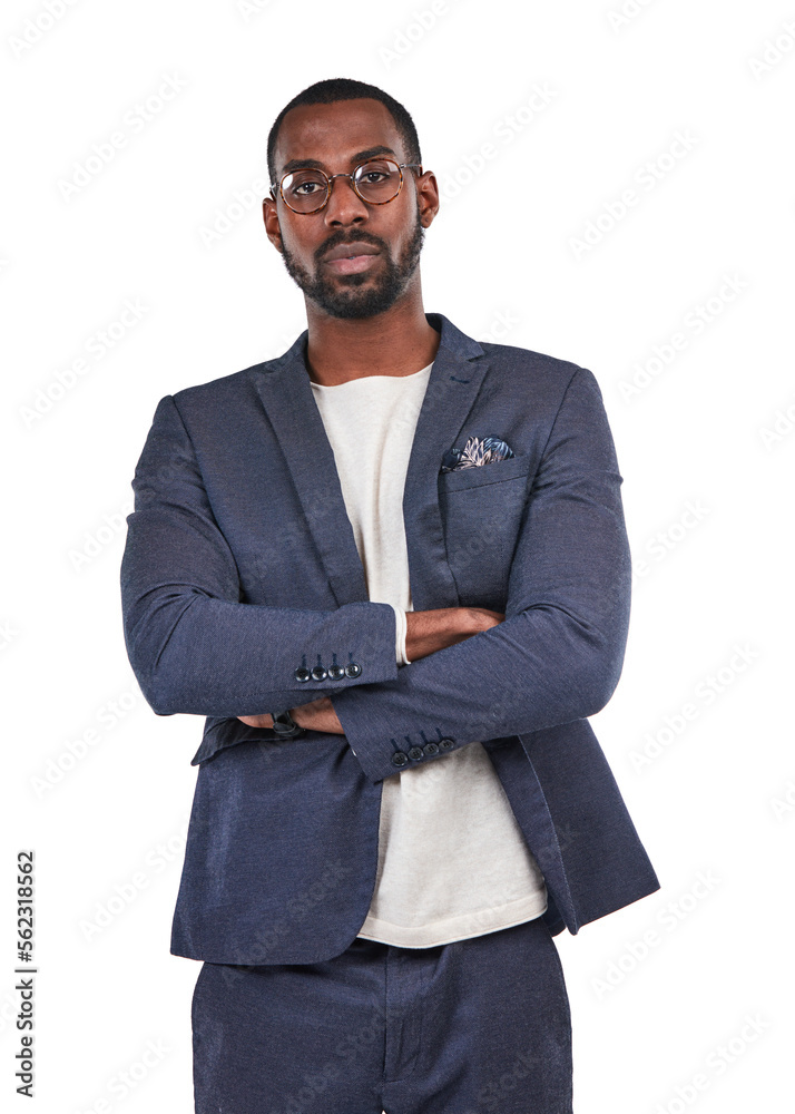 Businessman, portrait or arms crossed with vision glasses, ideas or innovation on isolated white bac