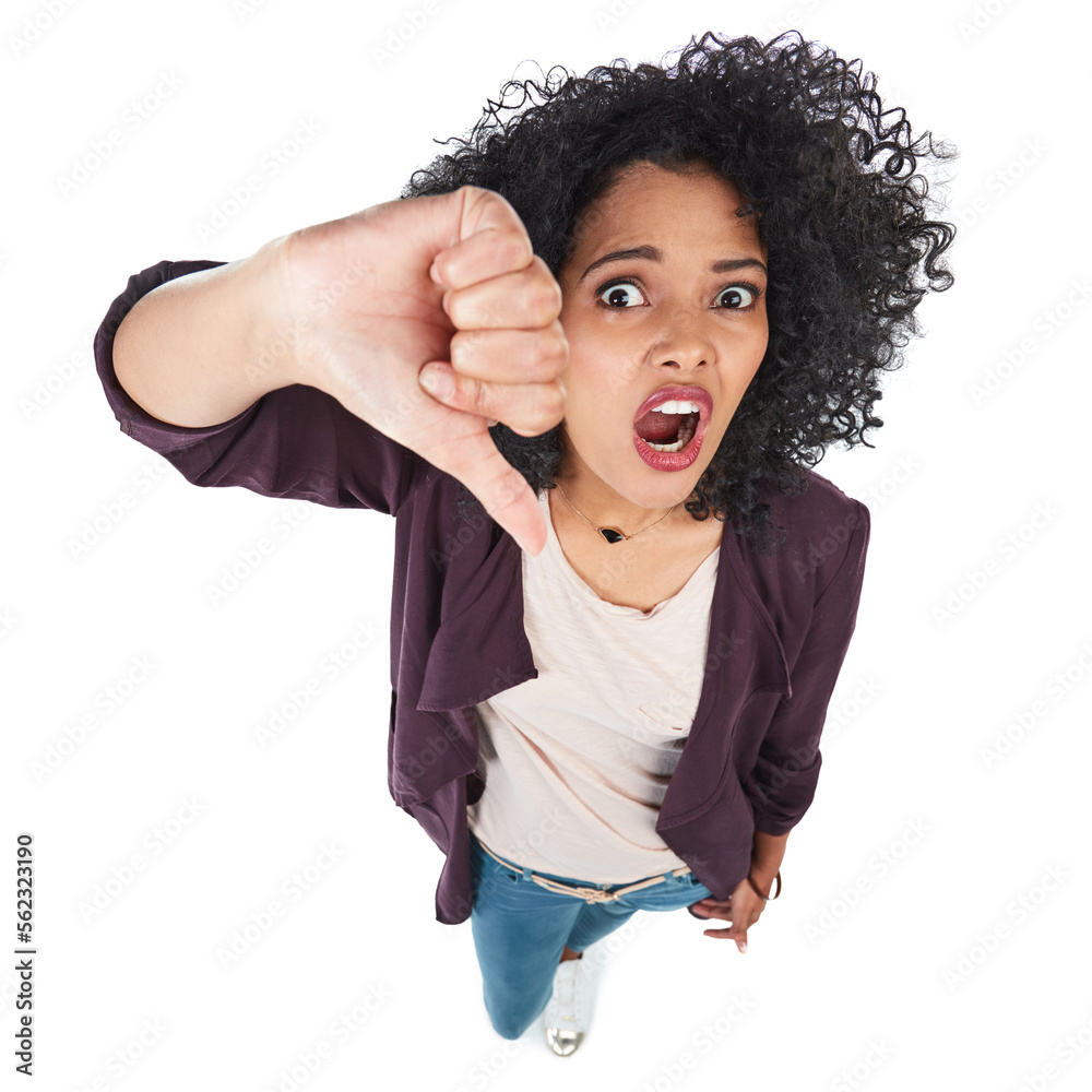 Portrait, thumbs down and top view of black woman in studio isolated on white background. Dislike em