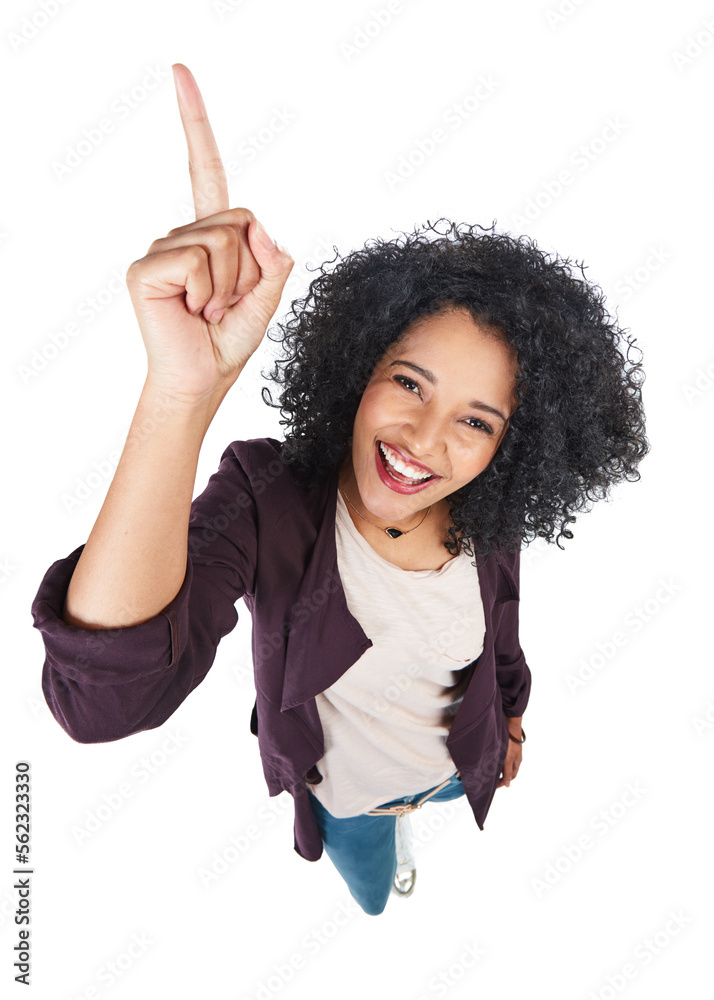 Top view, black woman and pointing with smile, mockup and girl isolated on white studio background. 