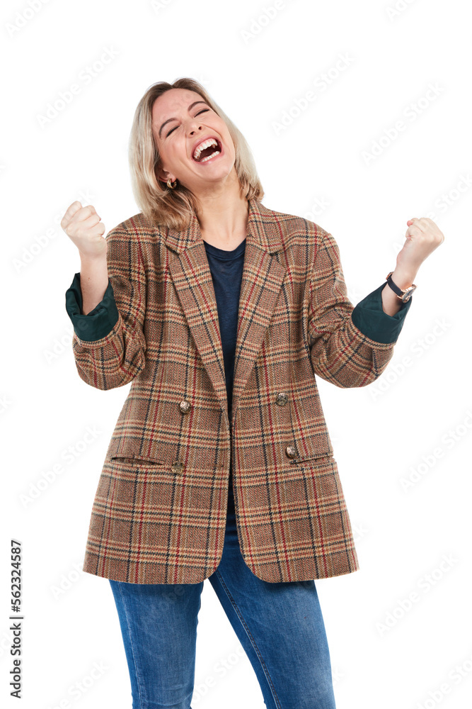 Success, achievement and happy woman with good news isolated on a white background in studio. Winner