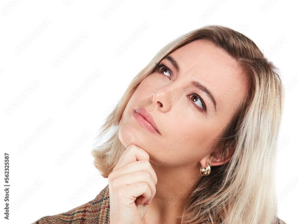 Mockup, woman or thinking for idea, focus or decision with person isolated on white studio backgroun