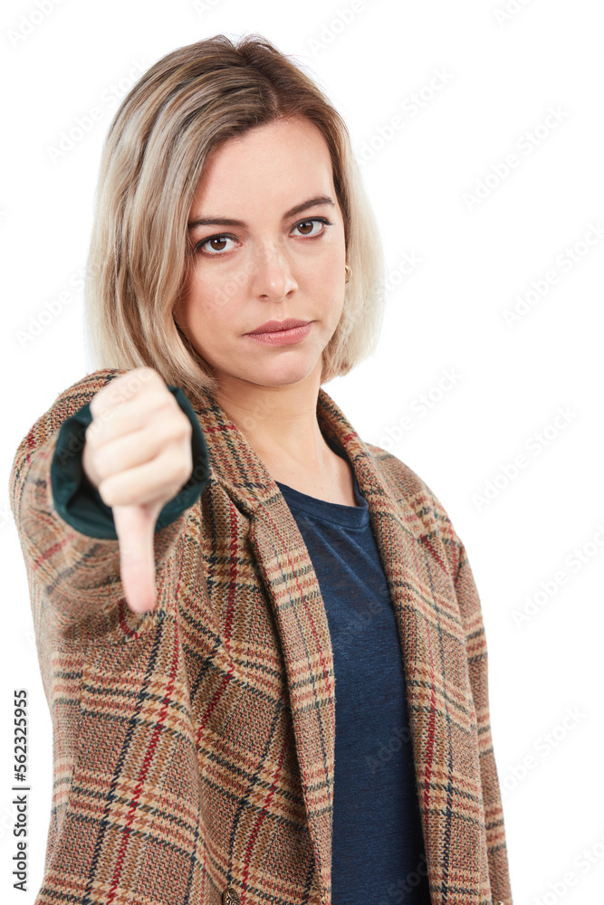 Thumbs down, fail and portrait of woman in studio isolated on white background. Face, dislike hand g