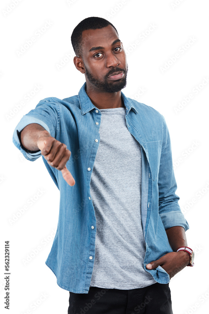 Thumbs down, fail and portrait of black man in studio isolated on white background. Dislike hand ges