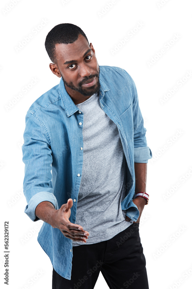 Fashion portrait, handshake and black man in studio isolated on white background. Thank you, greetin