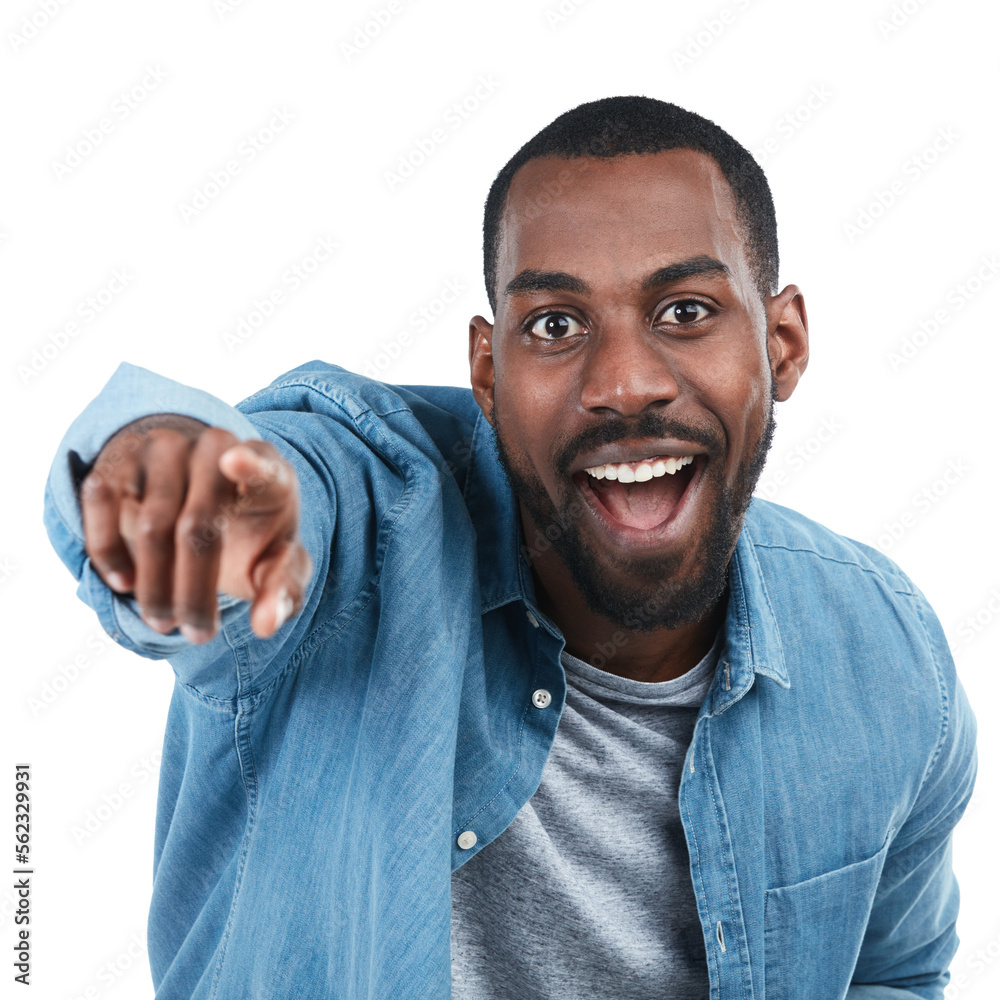 Black man, pointing and studio portrait with smile, excited and motivation by white background. Isol