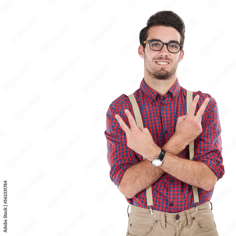 Peace, confident and portrait of a man with a hand sign isolated on a white background. Geek, cool a