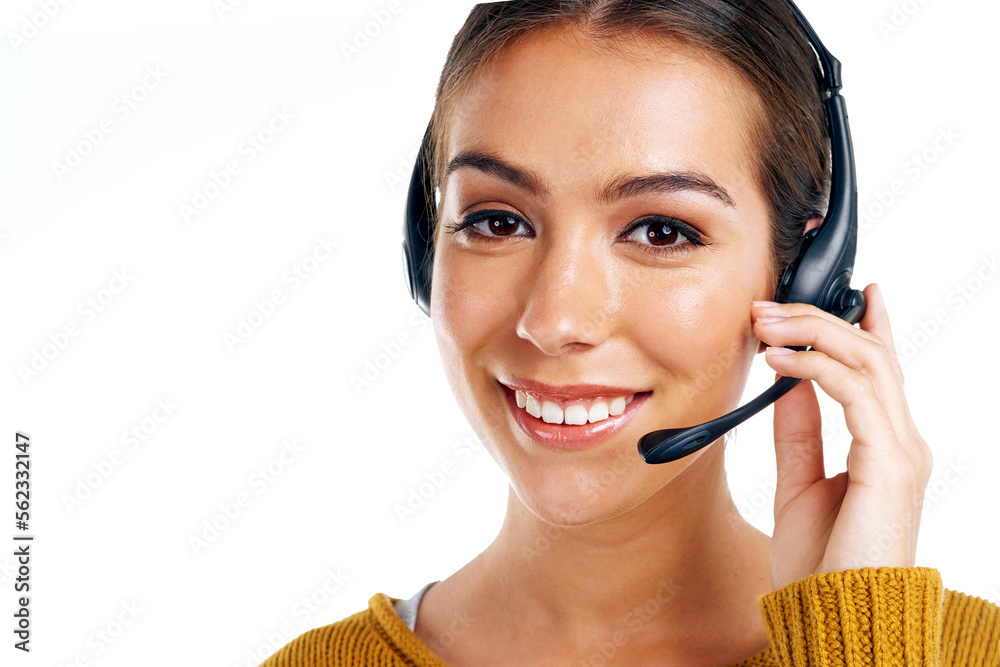 Telemarketing, product placement and portrait of woman isolated with smile on white background. Call