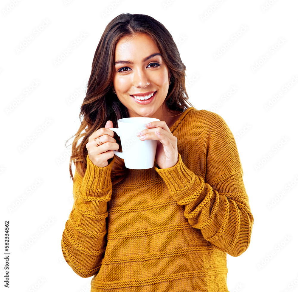 Woman, portrait and drinking coffee on isolated white background, marketing space or advertising moc