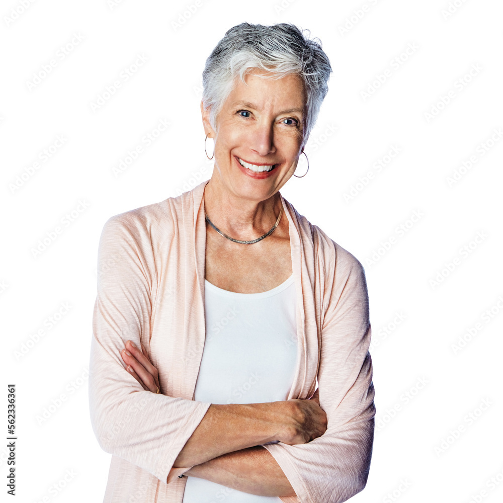 Senior woman, studio portrait and arms crossed with smile, happiness and focus by white background. 